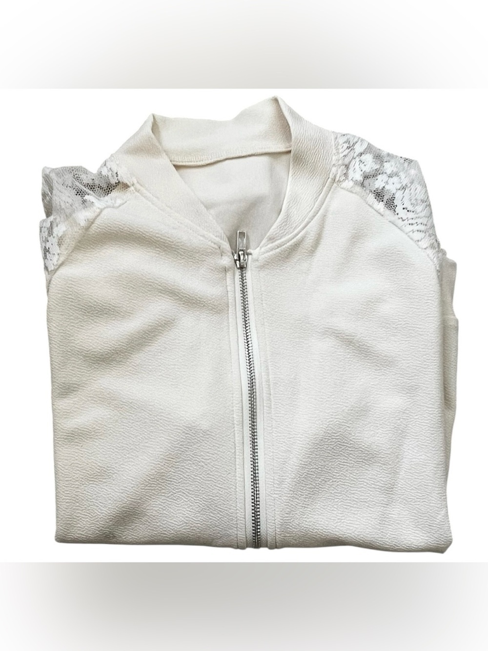 Lace-Sleeve Cream Bomber Jacket by - Picture 3 of 7
